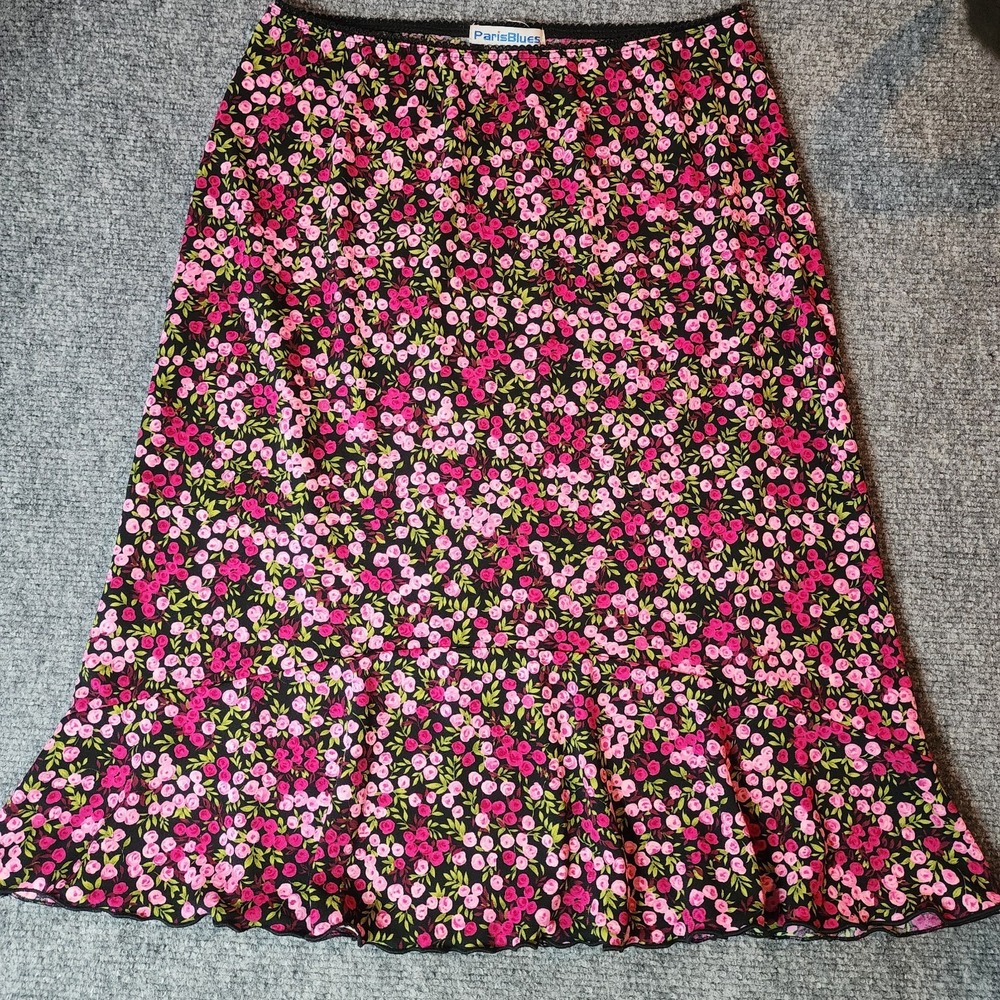 Vintage Paris Blues L‎ Y2K Floral Skirt Black Pink Cottagecore Midi 90s USA